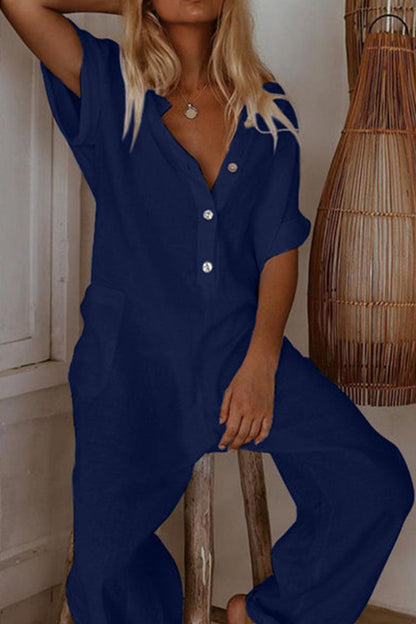 Fashion Casual V-hals jumpsuit met enkele rij knopen (3 kleuren)