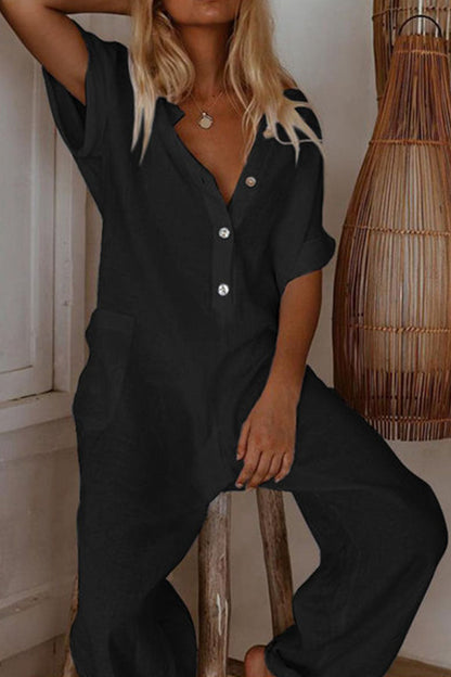Fashion Casual V-hals jumpsuit met enkele rij knopen (3 kleuren)
