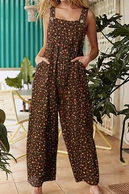 Casual-bloemige-split-pocket-square-kraag regular jumpsuits