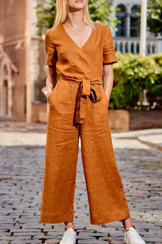 Casual effen patchwork V-hals losse jumpsuits (3 kleuren)