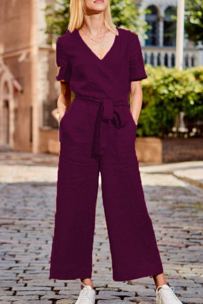 Casual effen patchwork V-hals losse jumpsuits (3 kleuren)
