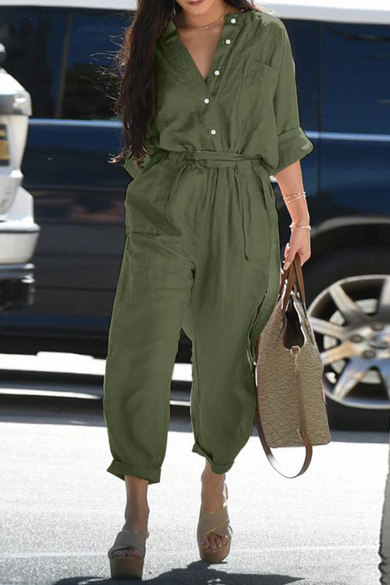 Casual effen patchwork V-hals Harlan jumpsuits (3 kleuren)