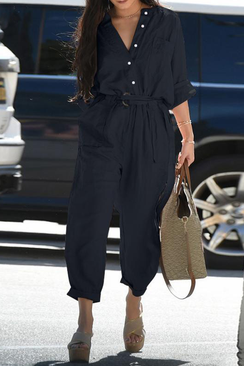 Casual effen patchwork V-hals Harlan jumpsuits (3 kleuren)