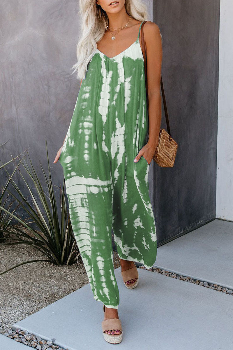 Casual Patchwork Tie-dye Spaghetti Strap Straight Jumpsuits (10 kleuren)