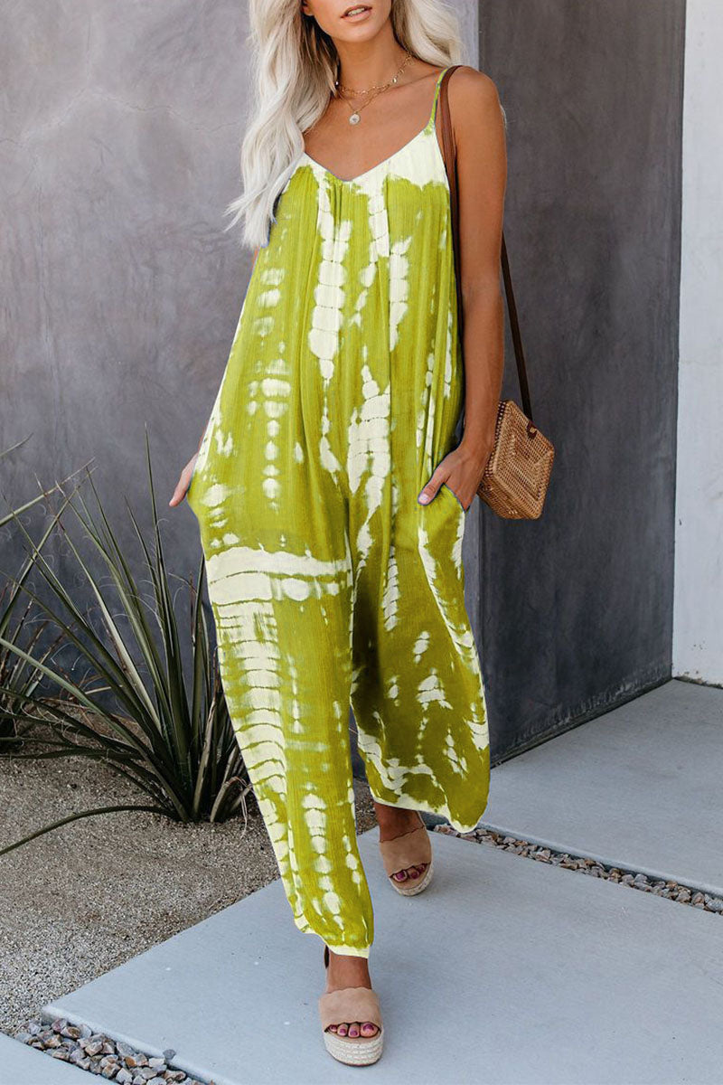 Casual Patchwork Tie-dye Spaghetti Strap Straight Jumpsuits (10 kleuren)