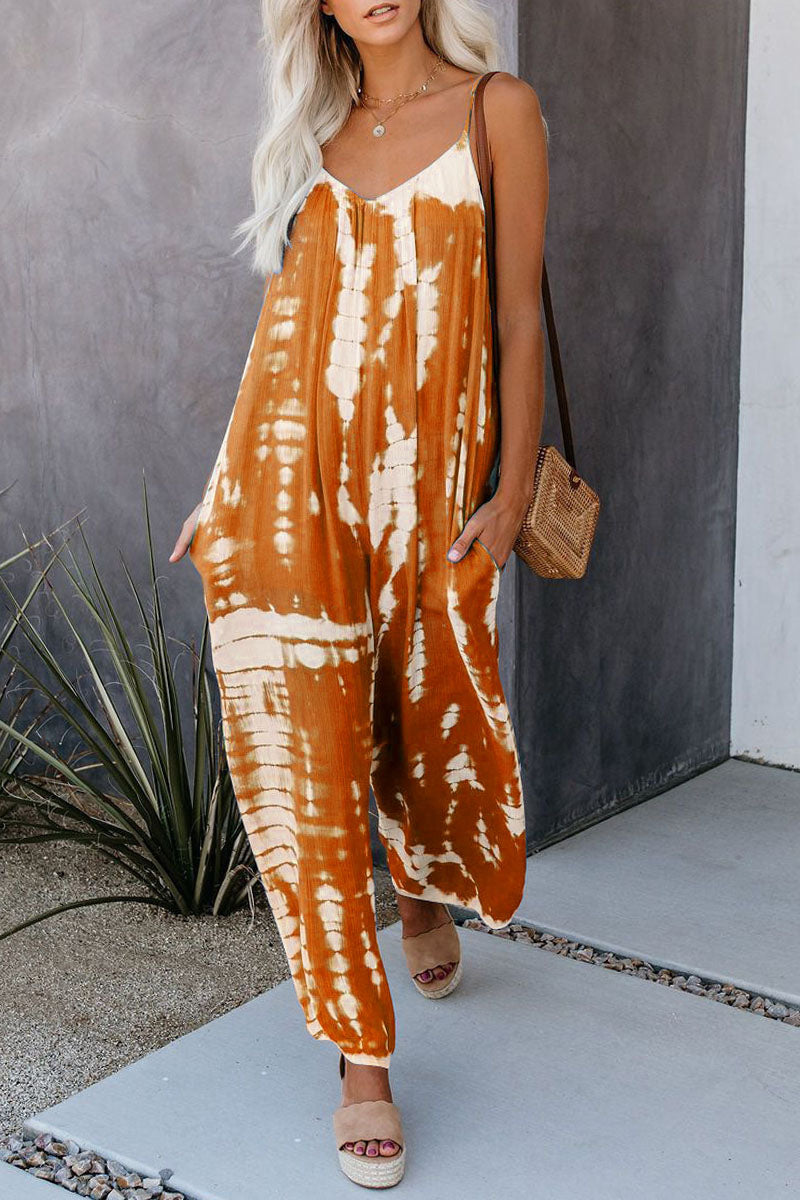 Casual Patchwork Tie-dye Spaghetti Strap Straight Jumpsuits (10 kleuren)