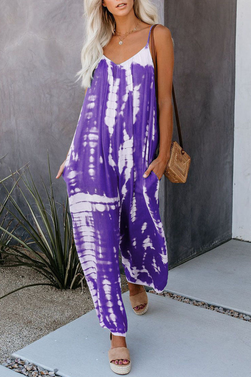 Casual Patchwork Tie-dye Spaghetti Strap Straight Jumpsuits (10 kleuren)