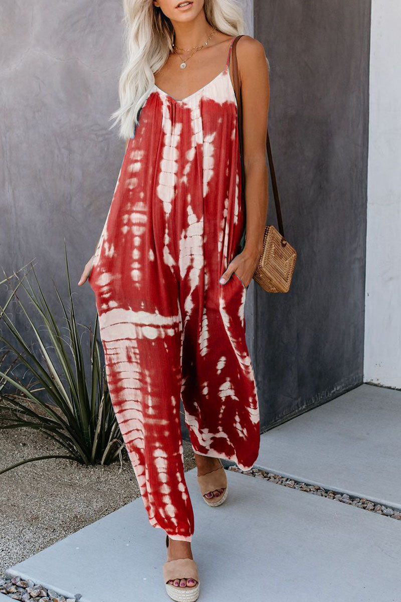 Casual Patchwork Tie-dye Spaghetti Strap Straight Jumpsuits (10 kleuren)