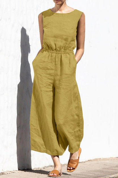 Eenvoud monochrome O-hals jumpsuits met losse pasvorm (4 kleuren)
