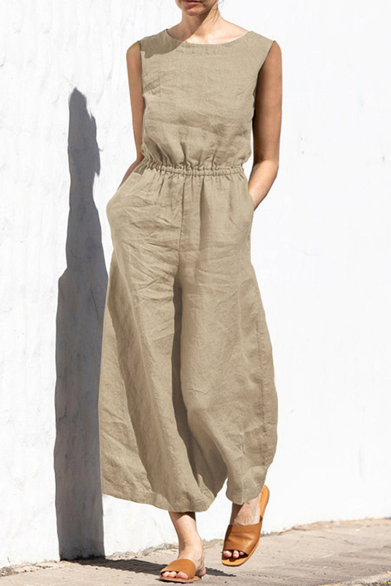Eenvoud monochrome O-hals jumpsuits met losse pasvorm (4 kleuren)