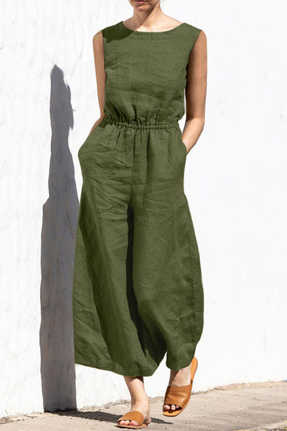 Eenvoud monochrome O-hals jumpsuits met losse pasvorm (4 kleuren)