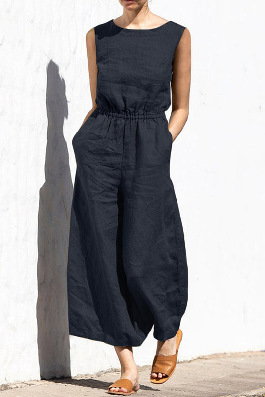 Eenvoud monochrome O-hals jumpsuits met losse pasvorm (4 kleuren)