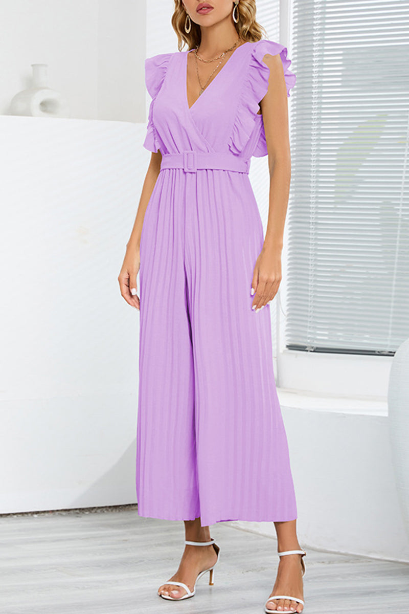 Casual eenvoud effen met riem V-hals regular jumpsuits