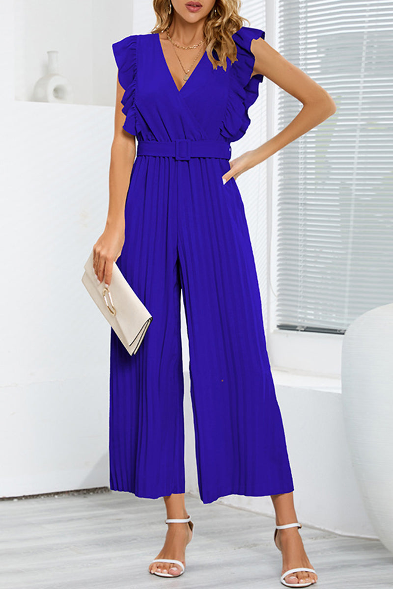 Casual eenvoud effen met riem V-hals regular jumpsuits