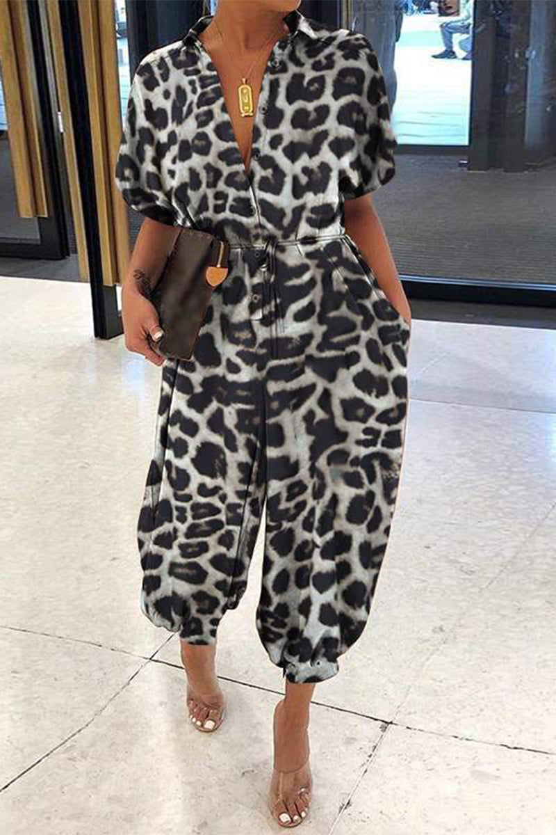 Plus Size Casual Vintage Leopard Frenulum-print Losse Jumpsuits (Losse Jumpsuits)