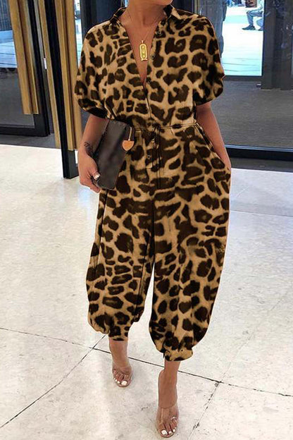 Plus Size Casual Vintage Leopard Frenulum-print Losse Jumpsuits (Losse Jumpsuits)