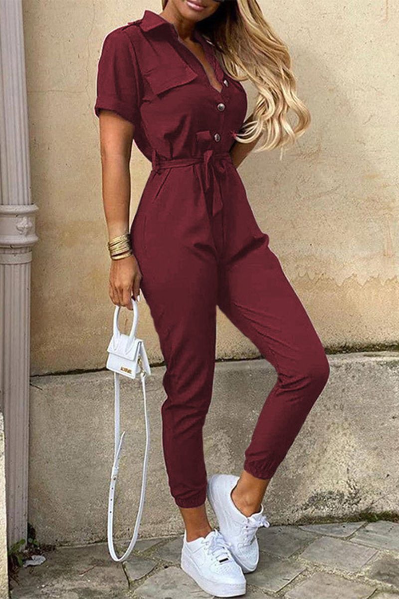 Casual Everyday Solid Frenulum met Riem Turn-down kraag Regular Jumpsuits (10 kleuren)