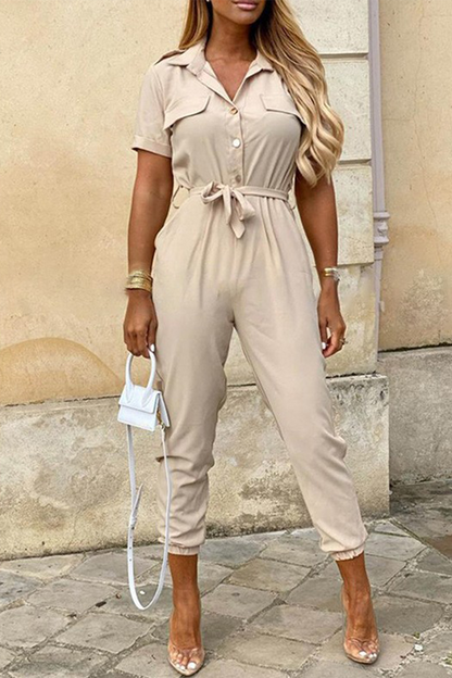 Casual Everyday Solid Frenulum met Riem Turn-down kraag Regular Jumpsuits (10 kleuren)