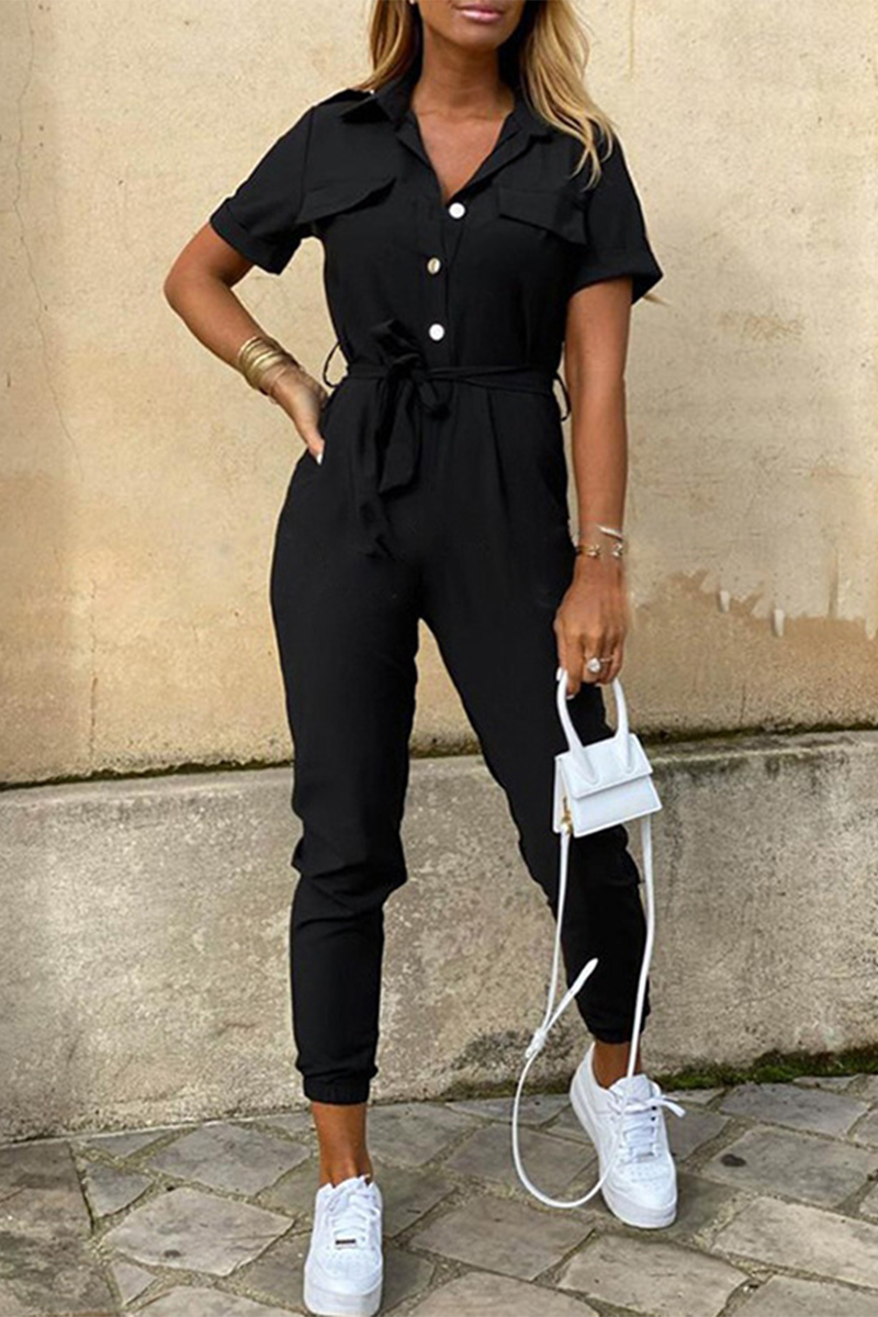 Casual Everyday Solid Frenulum met Riem Turn-down kraag Regular Jumpsuits (10 kleuren)