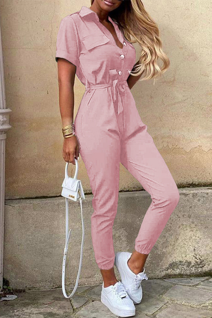 Casual Everyday Solid Frenulum met Riem Turn-down kraag Regular Jumpsuits (10 kleuren)