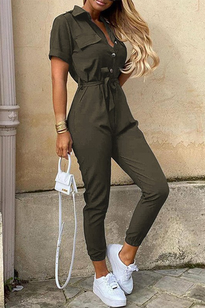Casual Everyday Solid Frenulum met Riem Turn-down kraag Regular Jumpsuits (10 kleuren)