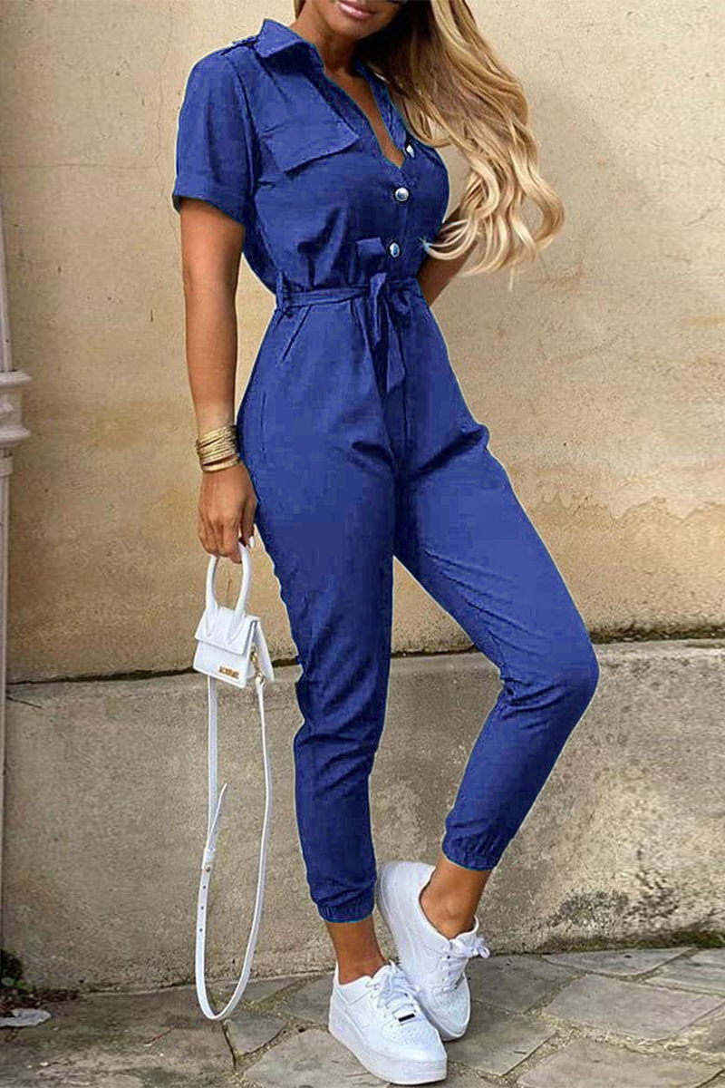 Casual Everyday Solid Frenulum met Riem Turn-down kraag Regular Jumpsuits (10 kleuren)