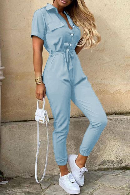 Casual Everyday Solid Frenulum met Riem Turn-down kraag Regular Jumpsuits (10 kleuren)
