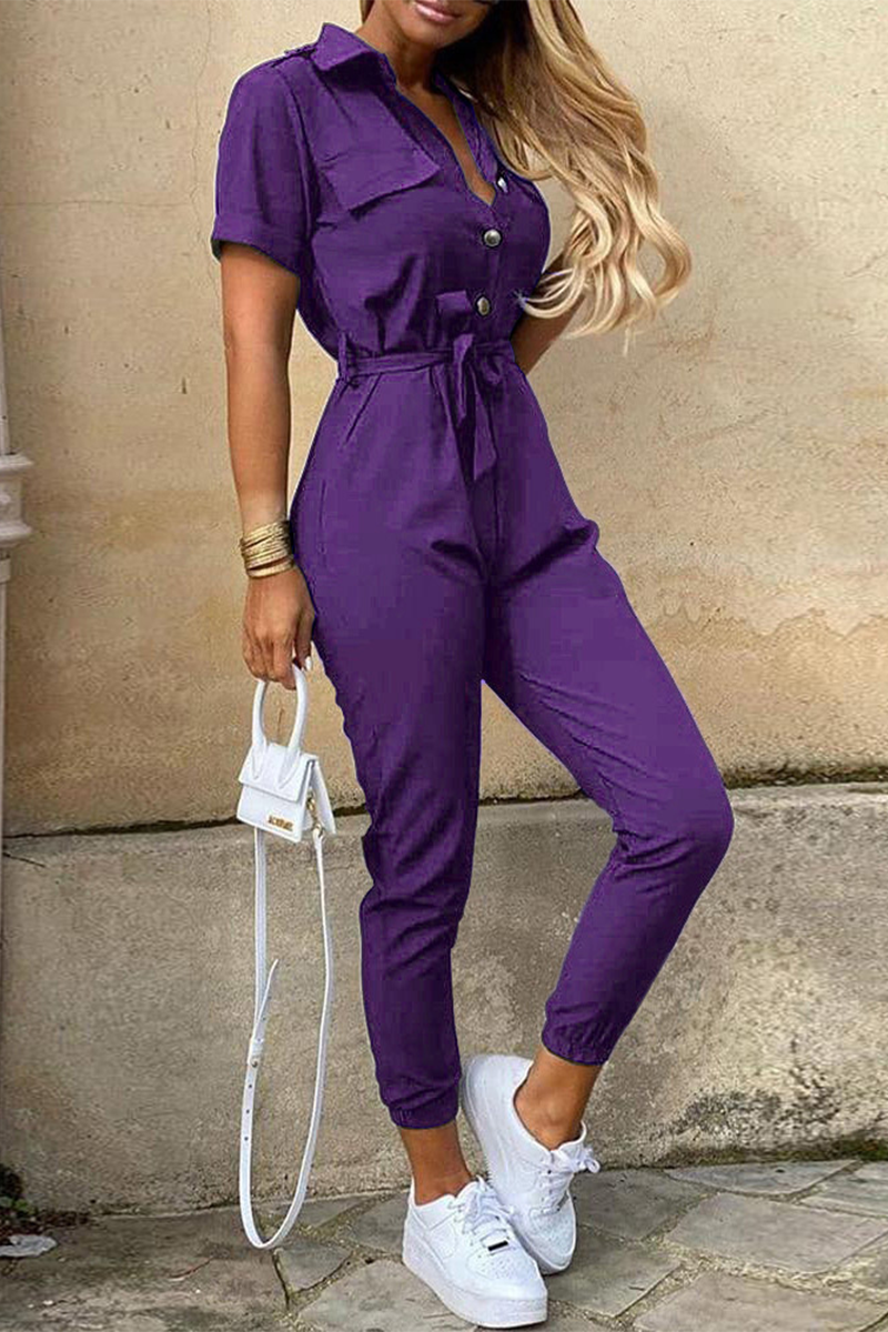Casual Everyday Solid Frenulum met Riem Turn-down kraag Regular Jumpsuits (10 kleuren)