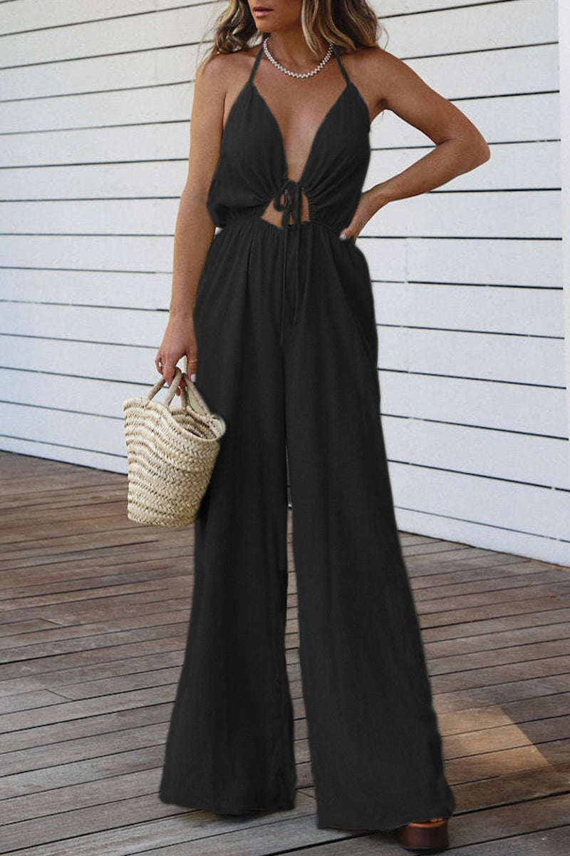 Casual effen rugloze V-hals regular jumpsuits (3 kleuren)