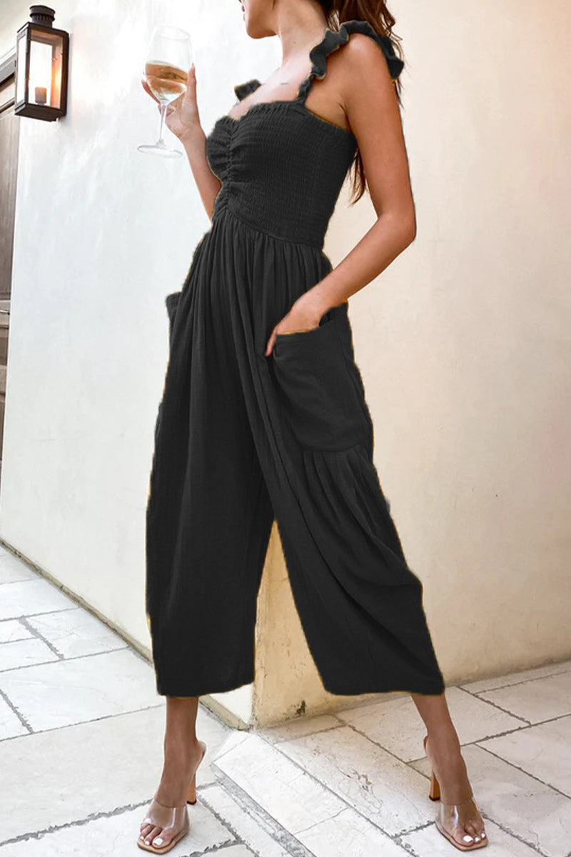 Casual Street Solid Patchwork Pocket Spaghetti Strap Rechte Jumpsuits (4 kleuren)
