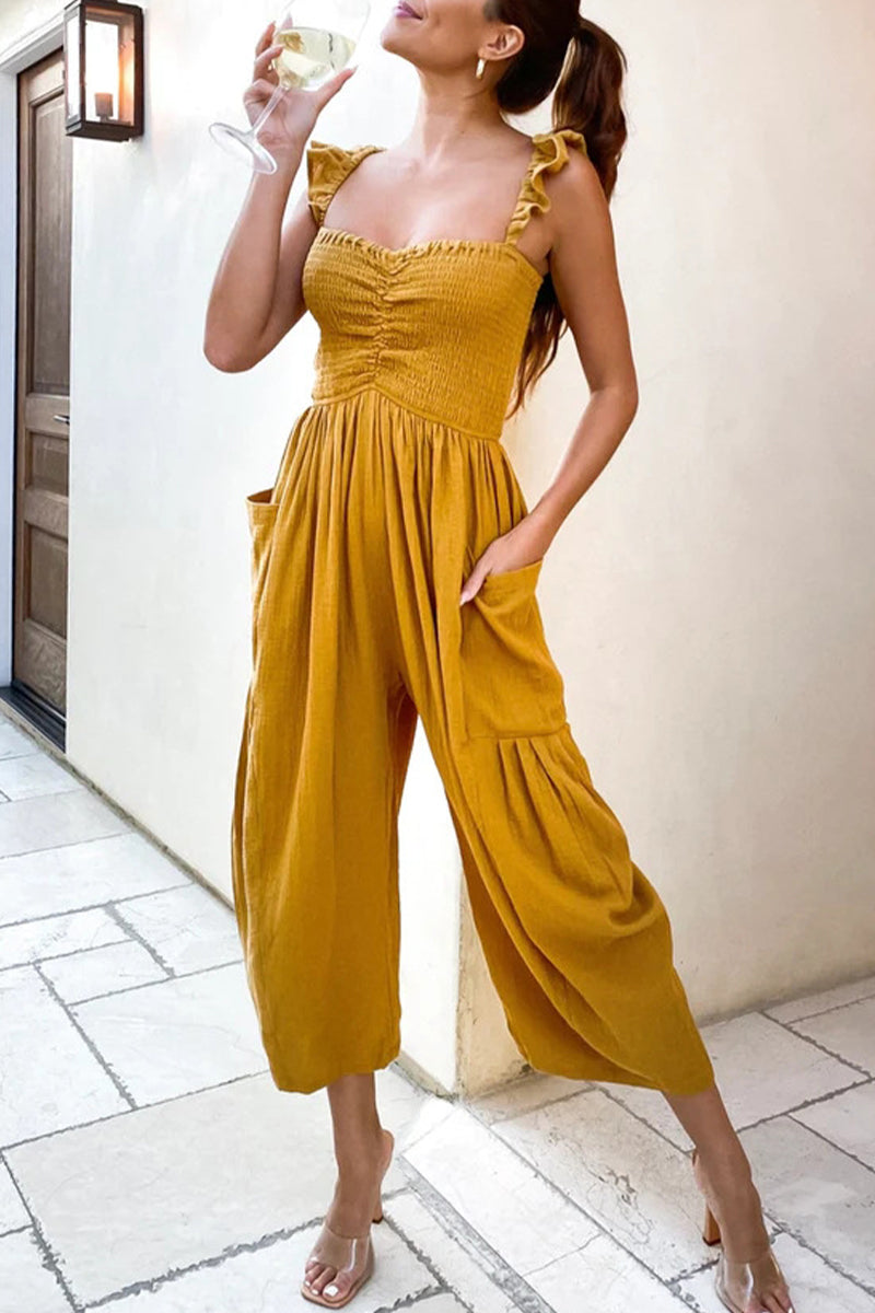Casual Street Solid Patchwork Pocket Spaghetti Strap Rechte Jumpsuits (4 kleuren)