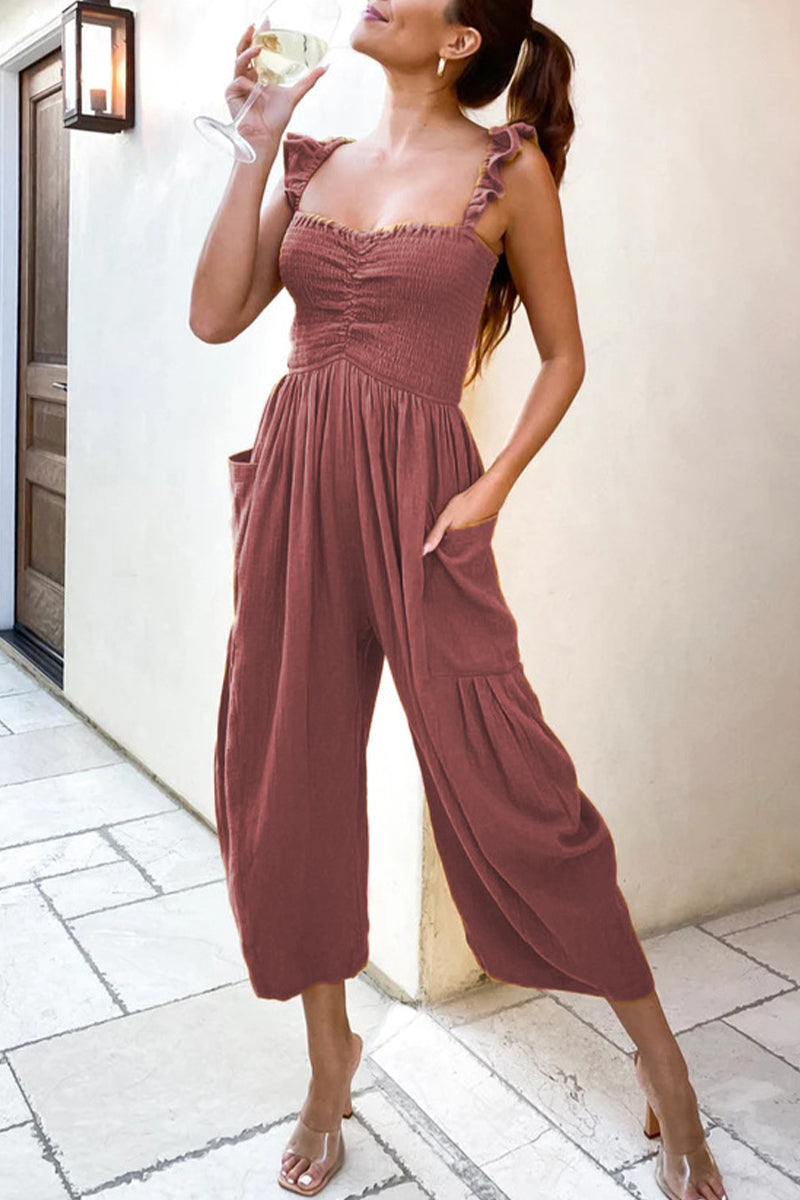 Casual Street Solid Patchwork Pocket Spaghetti Strap Rechte Jumpsuits (4 kleuren)