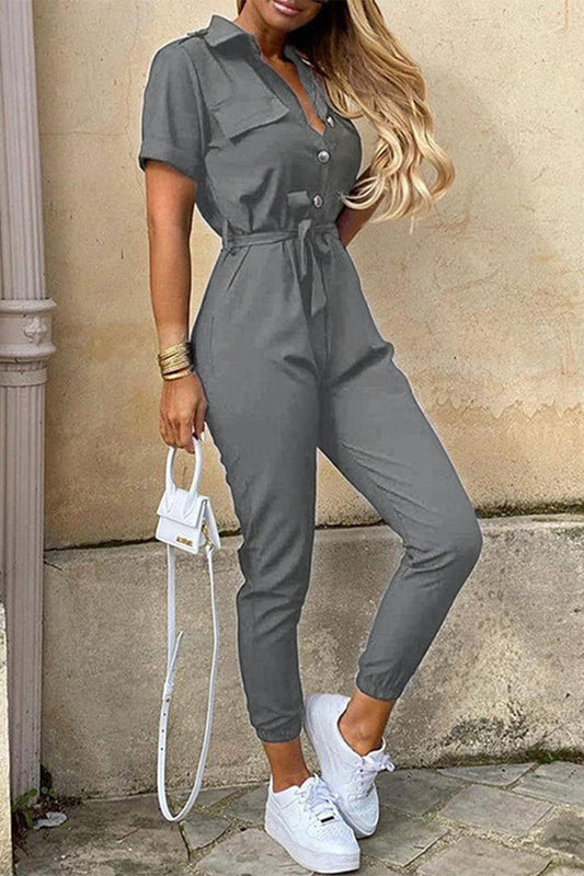 Casual Everyday Solid Frenulum met Riem Turn-down kraag Regular Jumpsuits (10 kleuren)