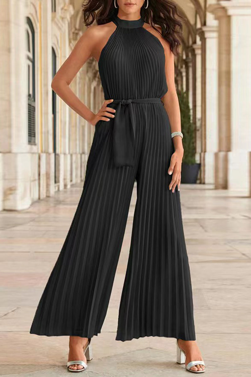 Simplicity Effen Frenulum Pleat Halter Los Jumpsuits (6 kleuren)