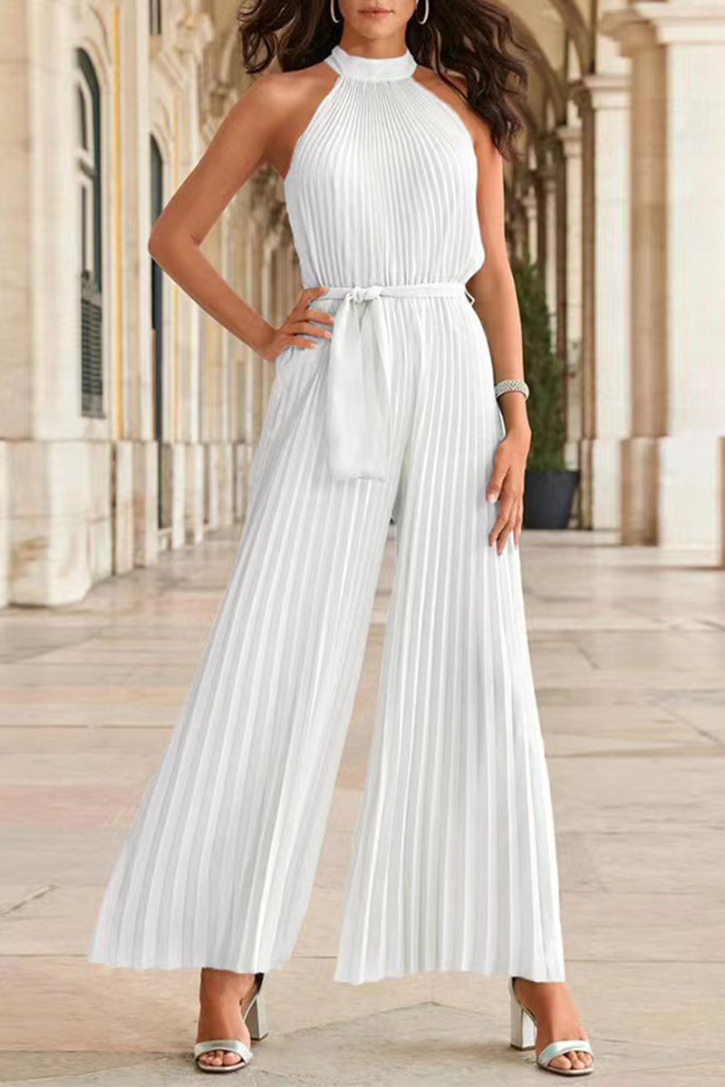 Simplicity Effen Frenulum Pleat Halter Los Jumpsuits (6 kleuren)