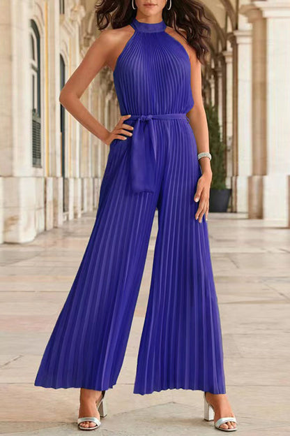 Simplicity Effen Frenulum Pleat Halter Los Jumpsuits (6 kleuren)