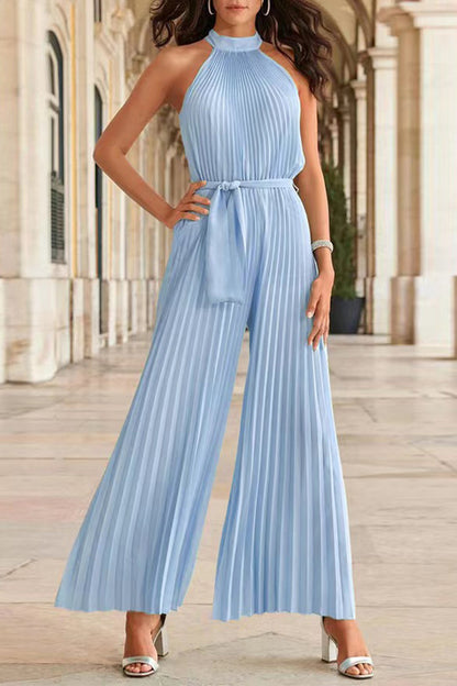 Simplicity Effen Frenulum Pleat Halter Los Jumpsuits (6 kleuren)