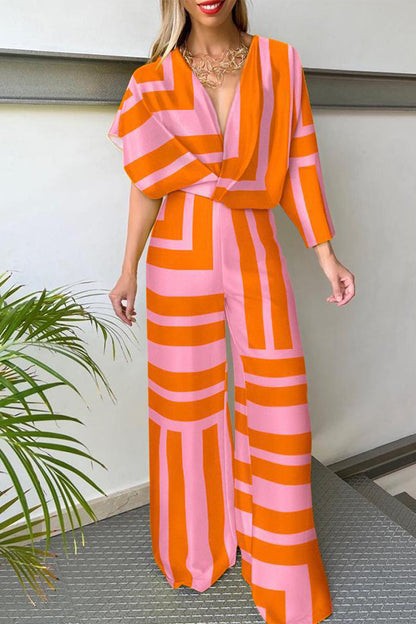 Casual sportswearenÃ Print Patchwork-asymmetrische-v-hals-rechte jumpsuits