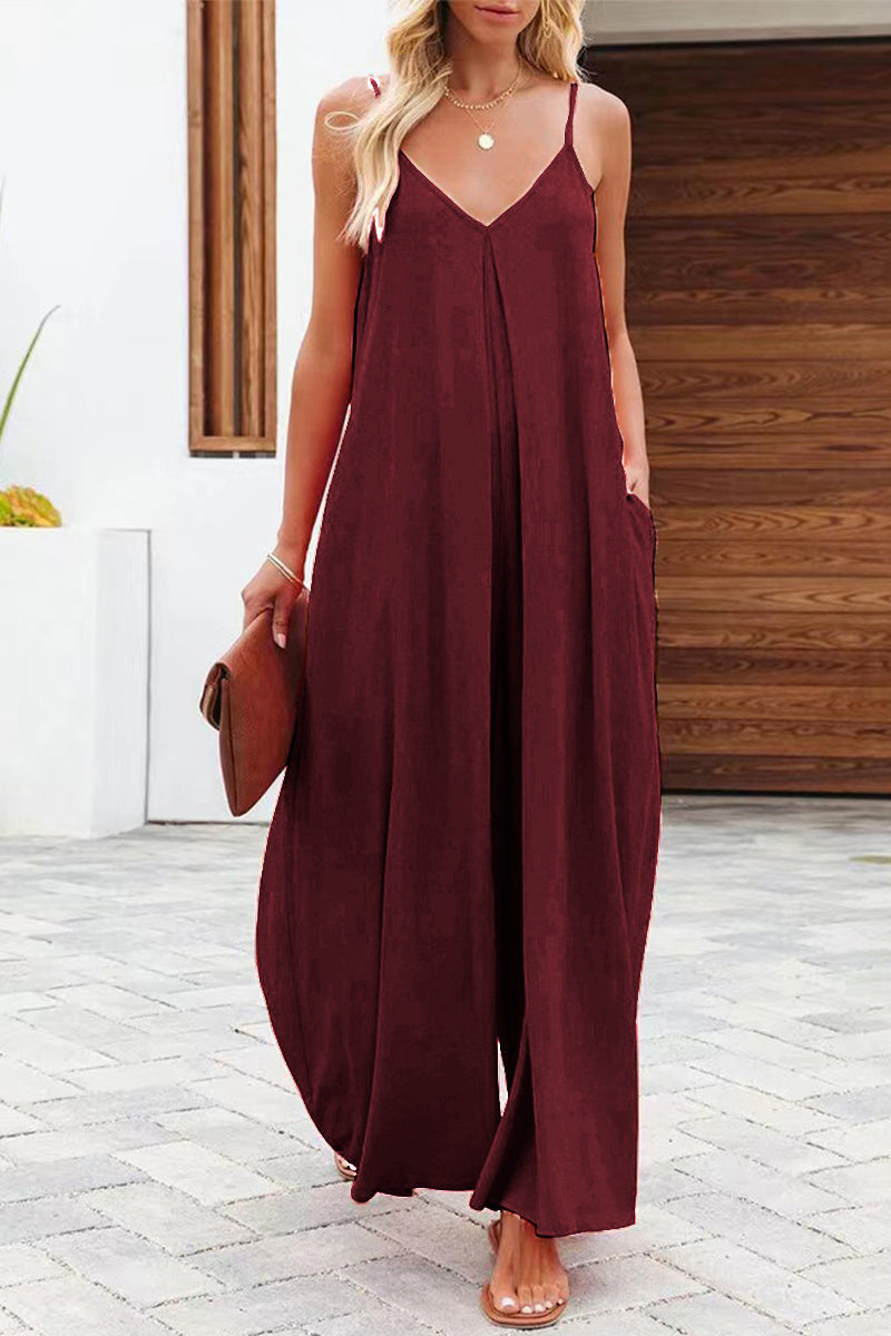 Casual monochrome V-hals losvallende jumpsuits (6 kleuren)