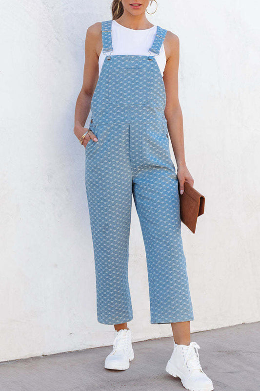 Street Print Pocket Vierkante Kraag Mouwloze Losse Denim Jumpsuits