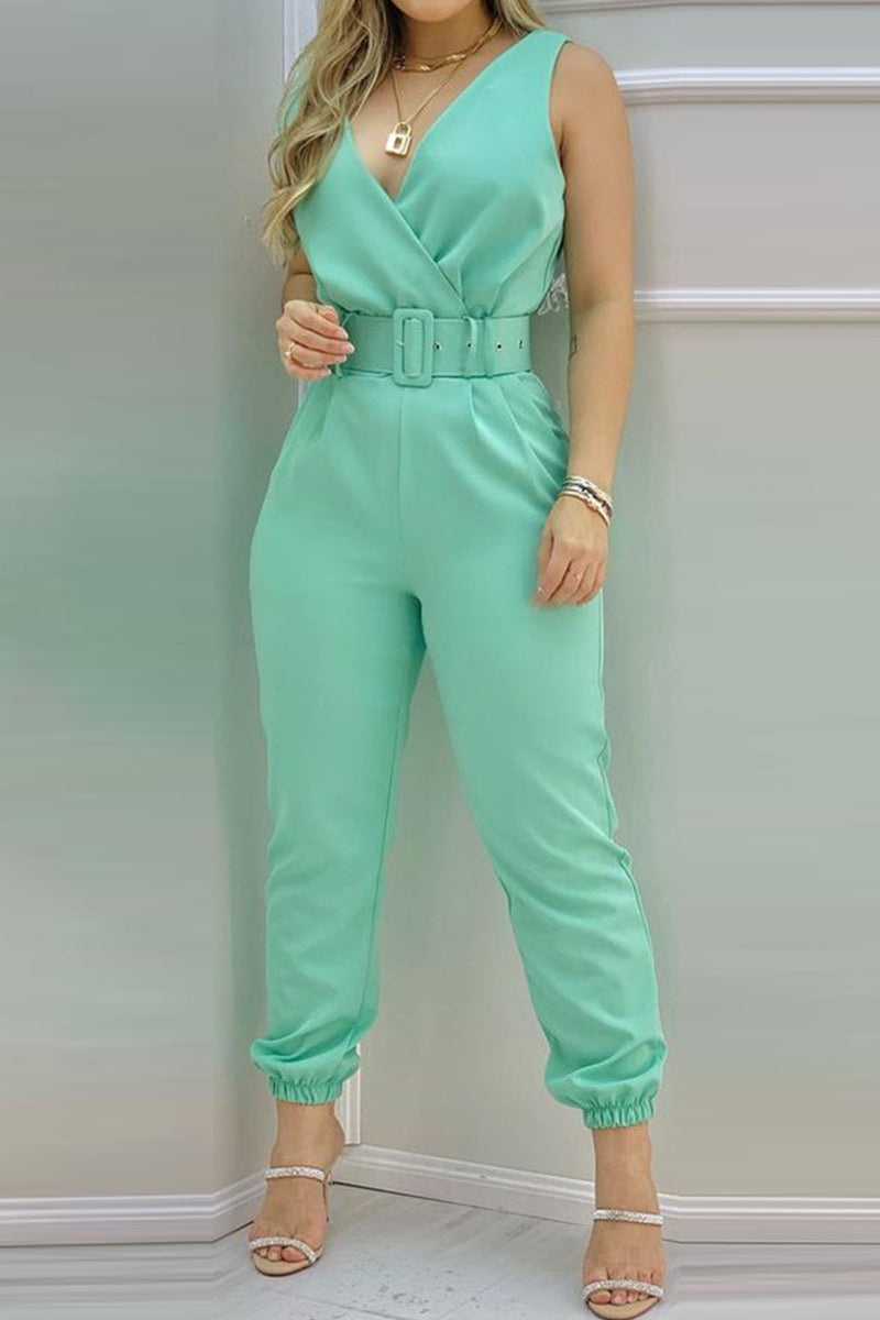 Sexy Casual Solid rugloos met riem V hals Regular Jumpsuits