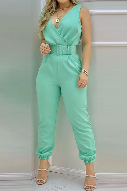 Sexy Casual Solid rugloos met riem V hals Regular Jumpsuits
