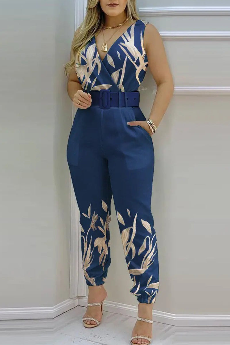 Sexy Casual Solid rugloos met riem V hals Regular Jumpsuits