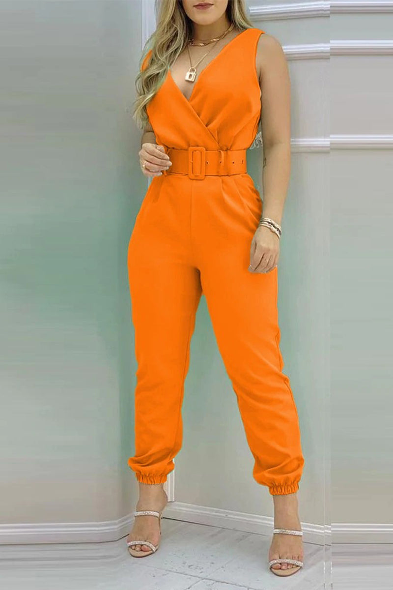 Sexy Casual Solid rugloos met riem V hals Regular Jumpsuits