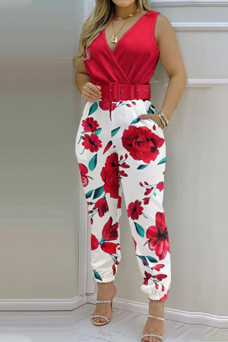 Sexy Casual Solid rugloos met riem V hals Regular Jumpsuits