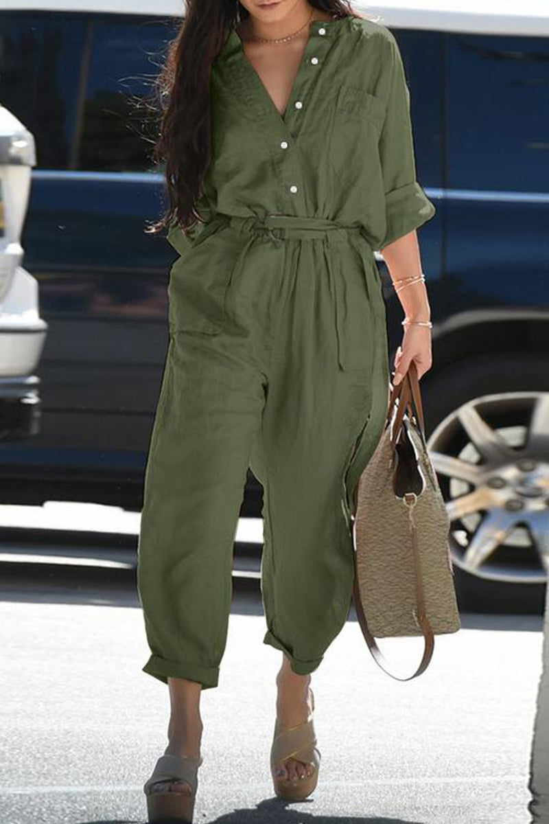 Casual Everyday Solid Frenulum Turn-down Collar Regular Jumpsuits (3 kleuren)