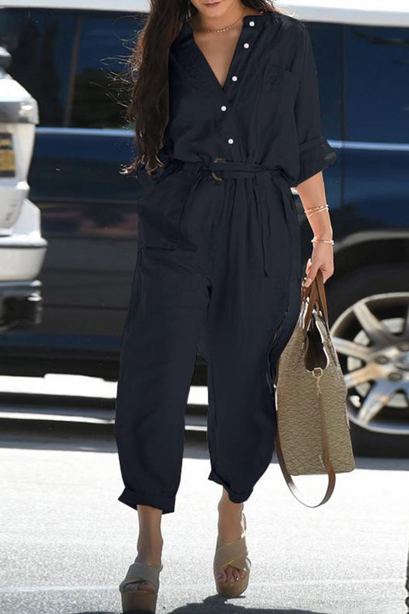 Casual Everyday Solid Frenulum Turn-down Collar Regular Jumpsuits (3 kleuren)