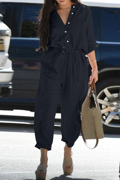 Casual Everyday Solid Frenulum Turn-down Collar Regular Jumpsuits (3 kleuren)