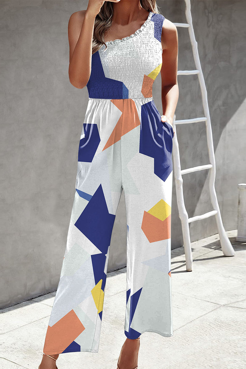Casual Print Patchwork Zak Bias Kraag Losse Jumpsuits met patchwork print.