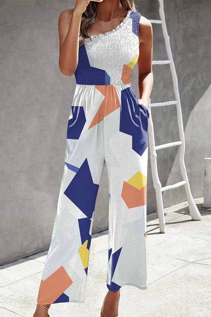 Casual Print Patchwork Zak Bias Kraag Losse Jumpsuits met patchwork print.